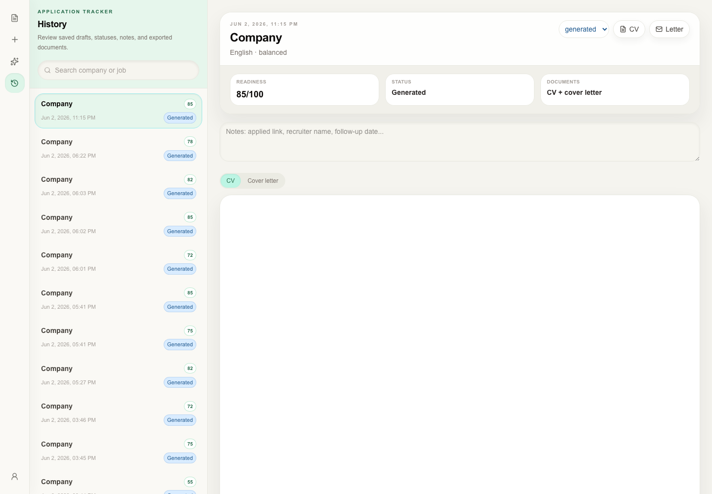 Application history with readiness scores and status per role